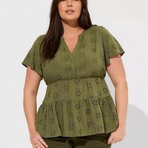 Torrid Olive Tiered Eyelet Babydoll Blouse Size 1X